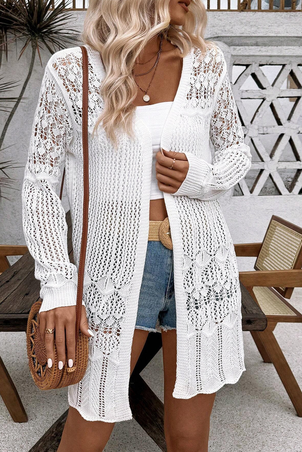 Black Crochet Hollow Out Open Front Cardigan