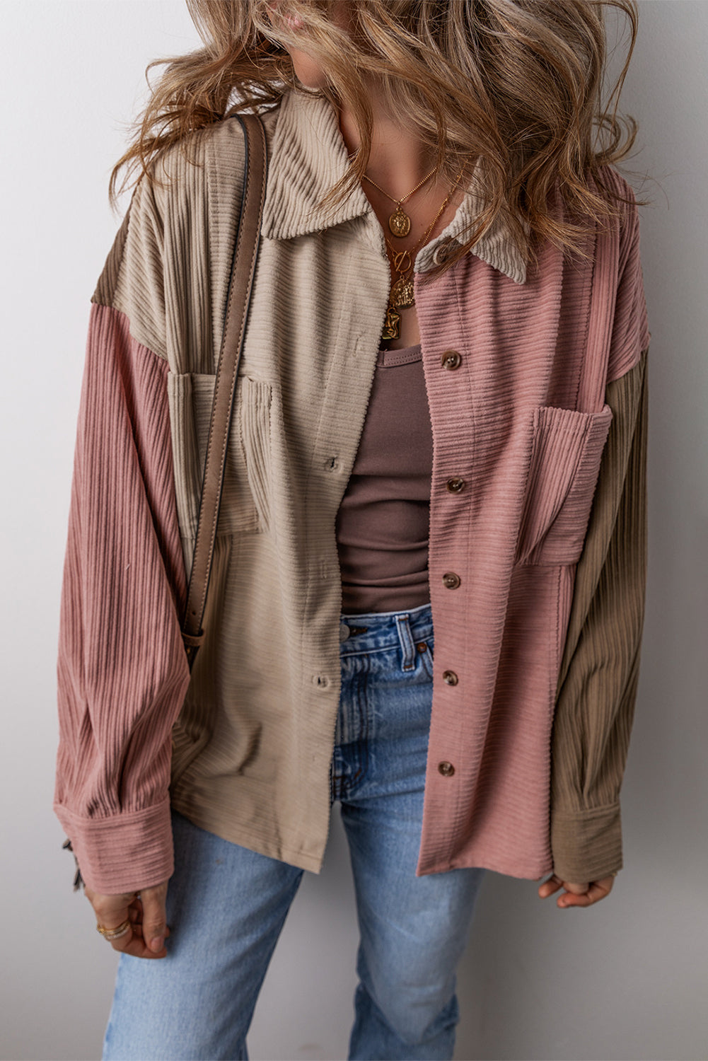 Brown Color Block Chest Pockets Buttoned Corduroy Shacket