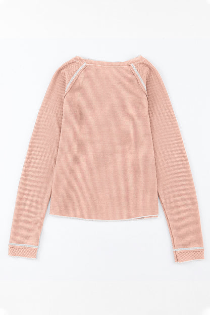 Apricot Pink Textured Round Neck Long Sleeve Top