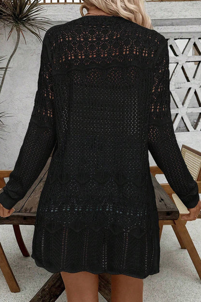 Black Crochet Hollow Out Open Front Cardigan