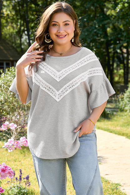 Light Grey Lace Insert Waffle Ruffle Short Sleeve Plus Size Top