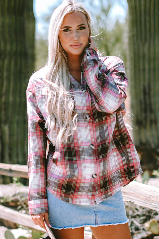 Pink Plaid Flap Pocket Button Up Shacket