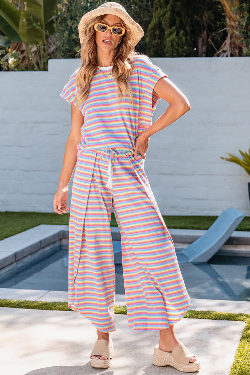 Pink Stripe Rainbow Tee Tasseled String Wide Leg Pants Set