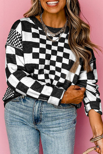 Gray Checkered Print Drop Shoulder Round Neck Sweater