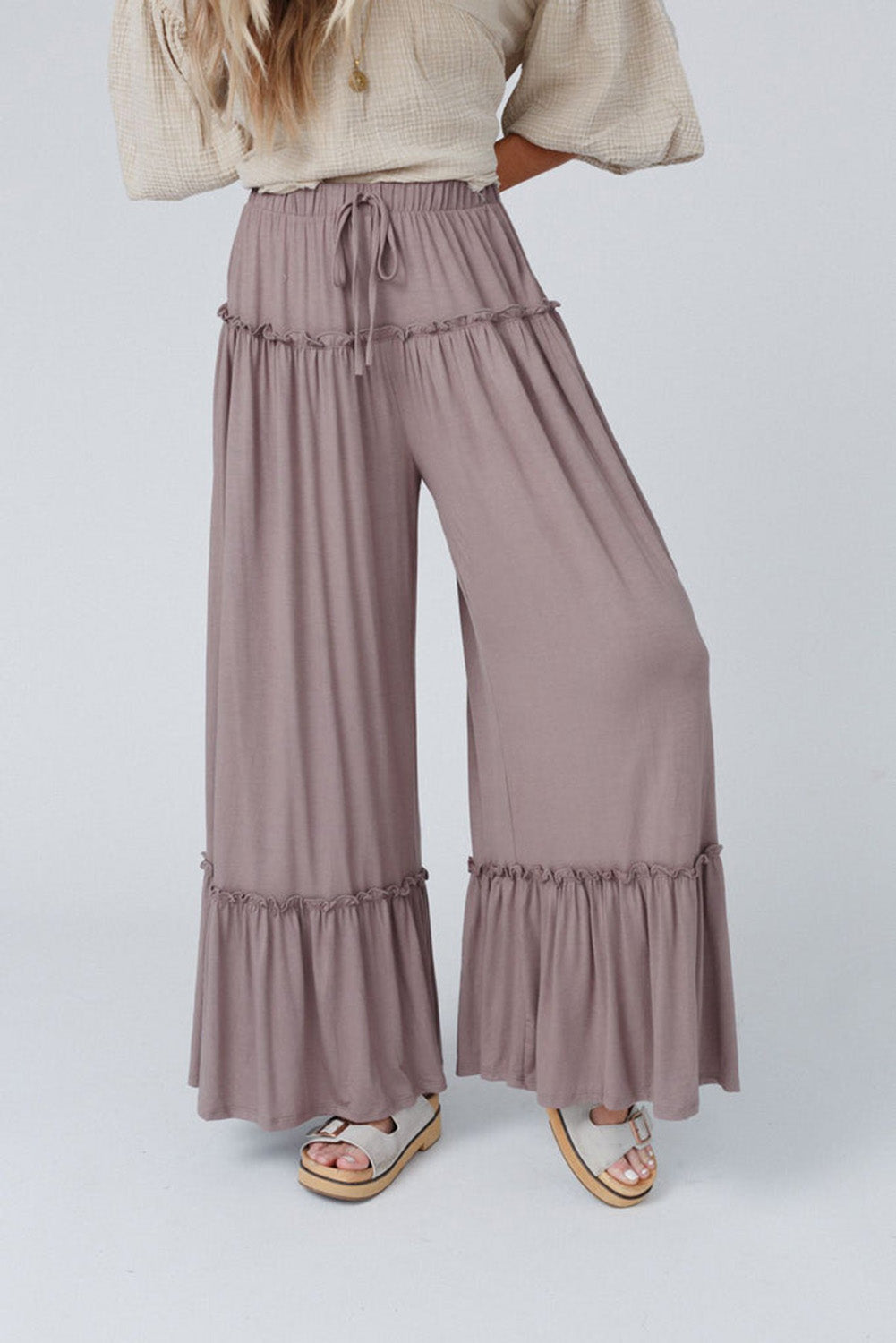 Khaki Frilled Drawstring High Waist Wide Leg Pants