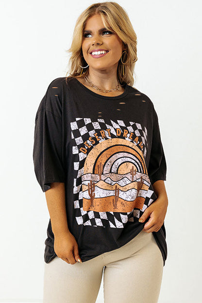 Black Checkerd DESERT DREAMS Printed Ripped Plus Size Tee