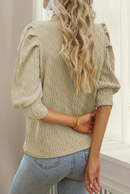 Simply Taupe Vintage Textured Puff Sleeve Mock Neck Top