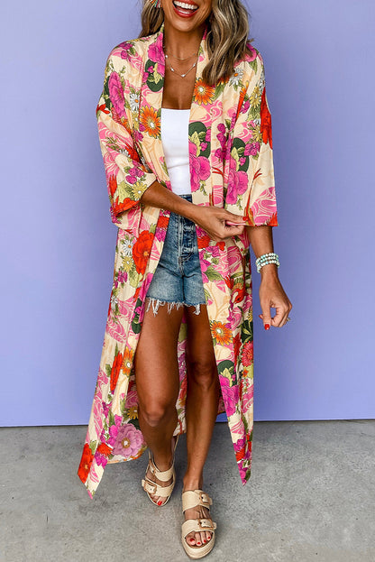 Pink Floral Allover Print Open Front Belted Duster Kimono