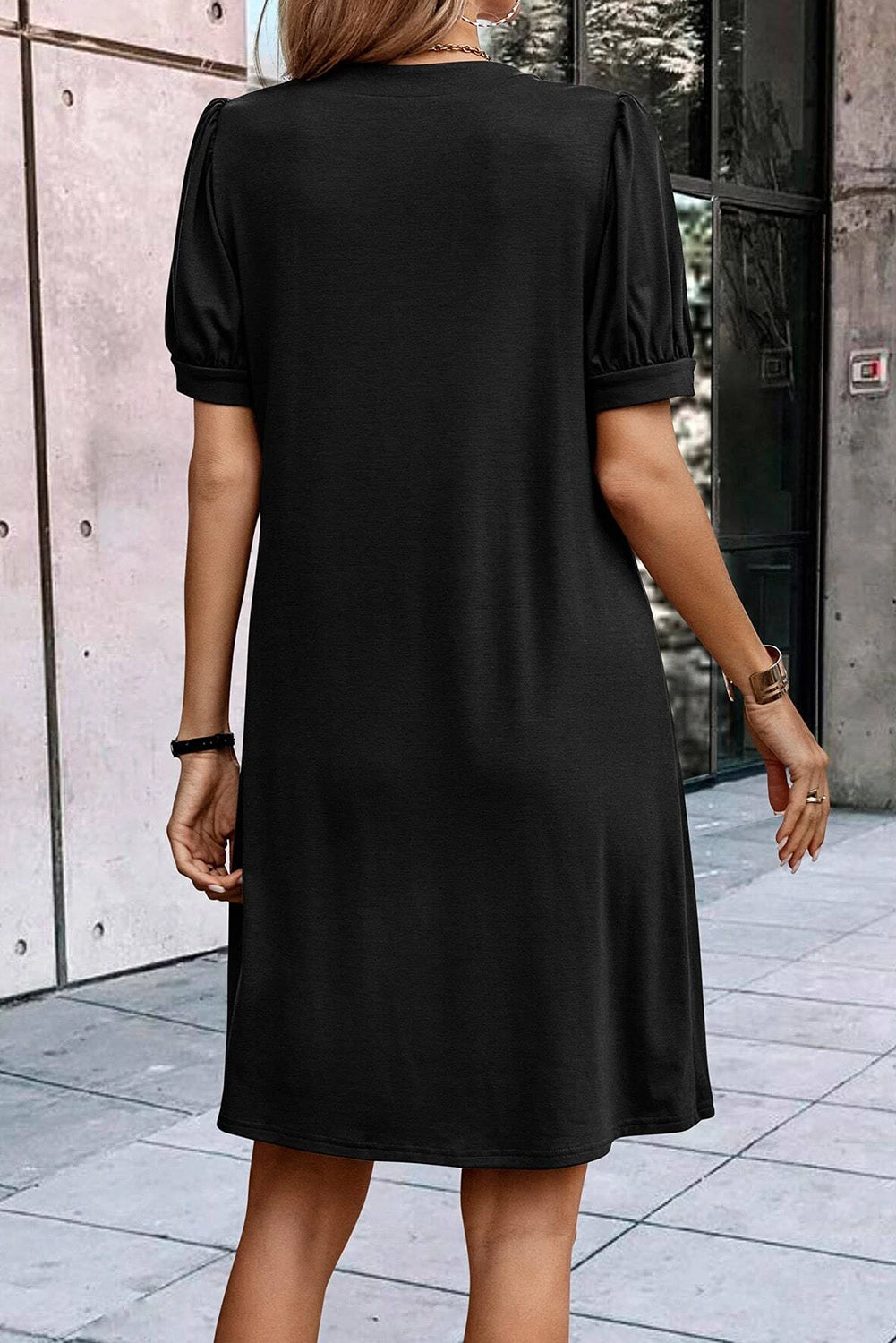 Fern Green Notched Neck Pleated Puff Sleeve Shift T-shirt Dress