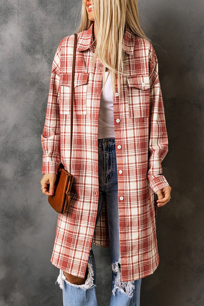 Fiery Red Plaid Print Button Long Shacket