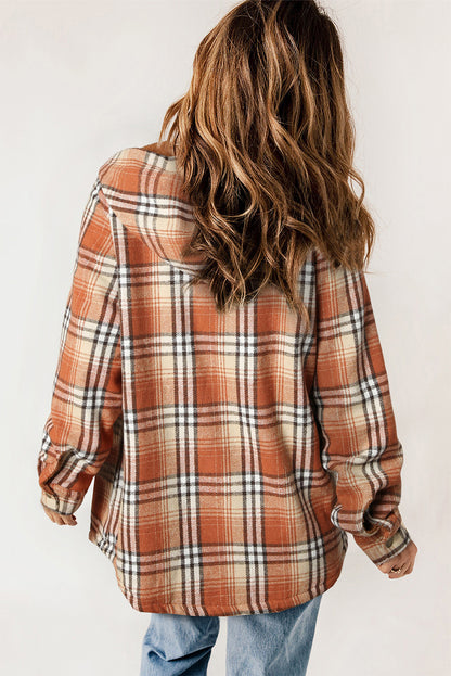 Khaki Plaid Pattern Sherpa Lined Hooded Shacket