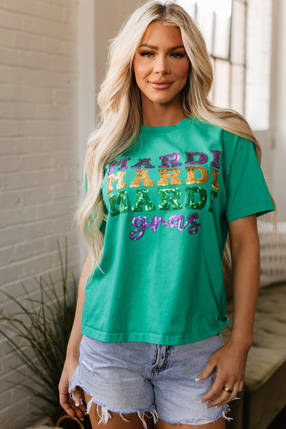 Sea Green Sequin Mardi Gras Letter Graphic T Shirt