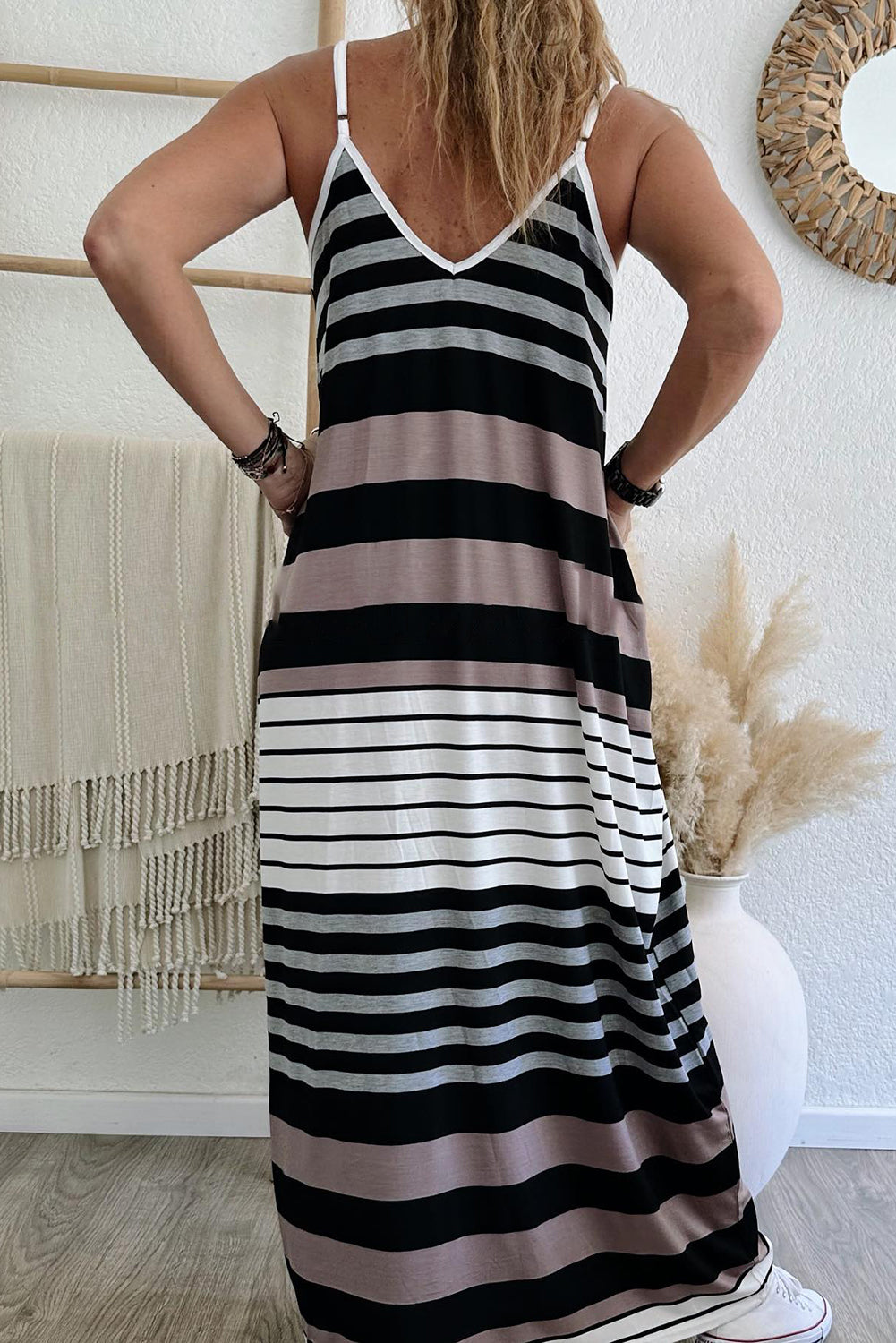 Multicolour Mixed Stripes Spaghetti Straps V Neck Maxi Dress