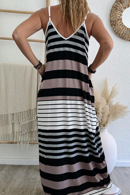 Multicolour Mixed Stripes Spaghetti Straps V Neck Maxi Dress