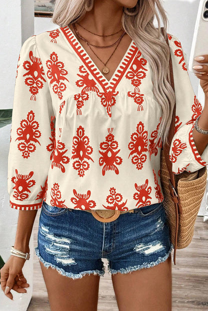 Beige Vintage Geometric Printed 3/4 Sleeve V Neck Blouse