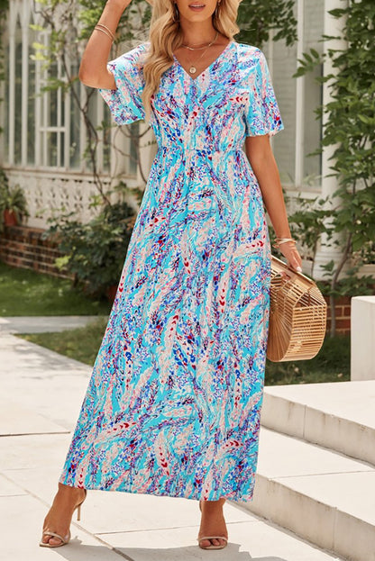 Green Wrap V Neck Floral Maxi Dress