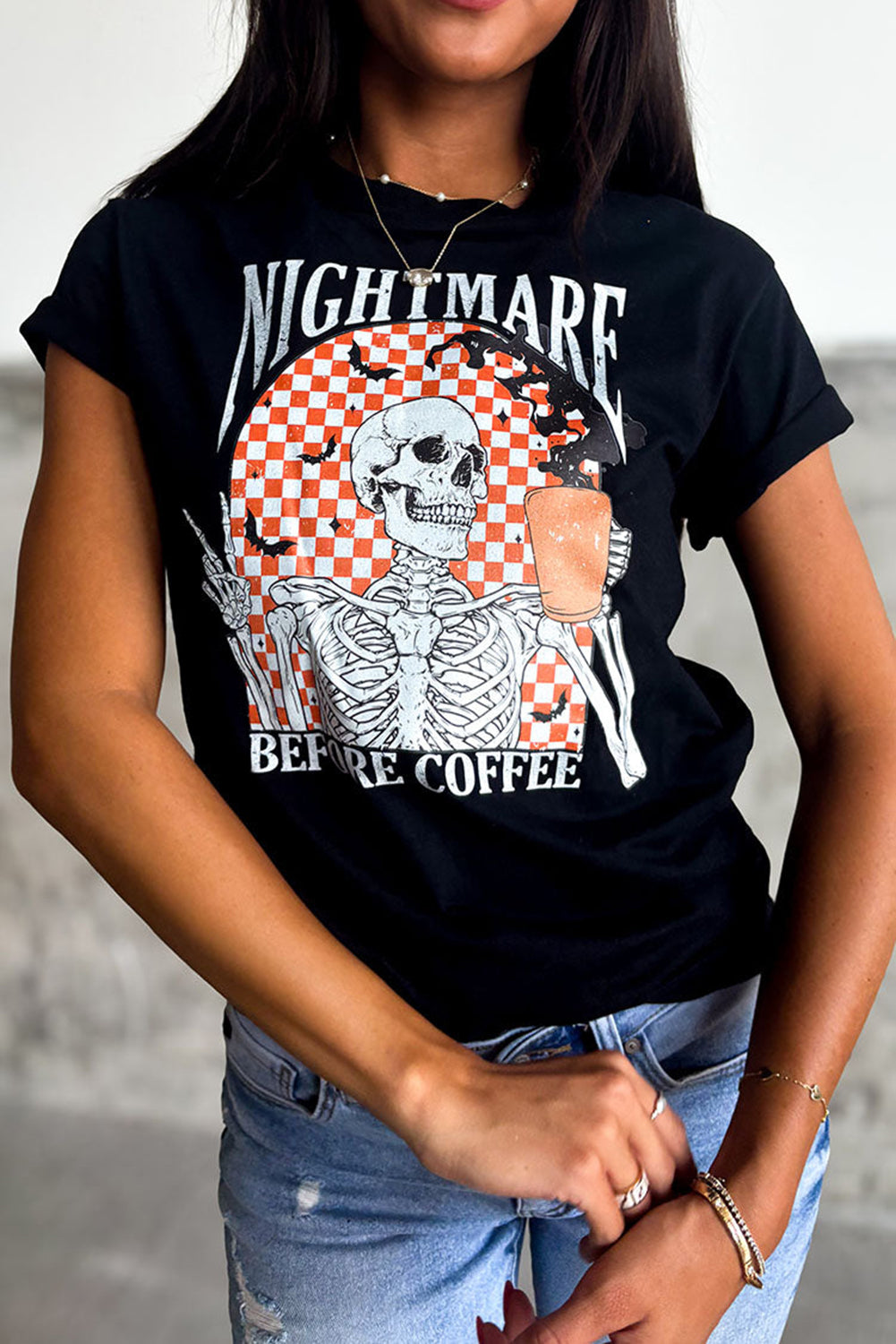 Black Nightmare Before Coffee Skull Checkerboard Graphic Halloween Tee