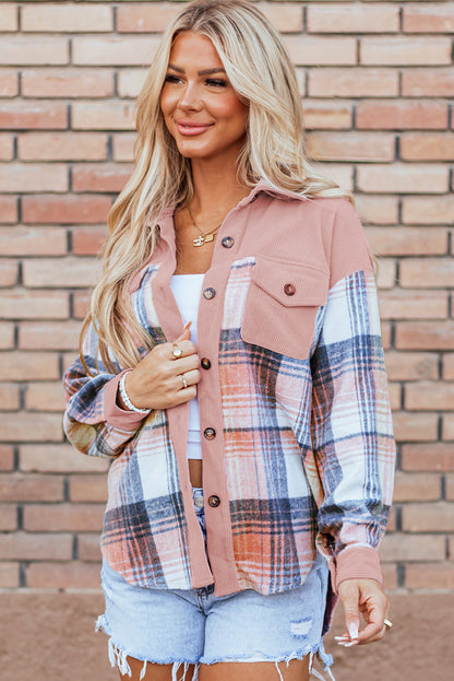 Light Pink Plaid Corduroy Patchwork Chest Pocket Shacket