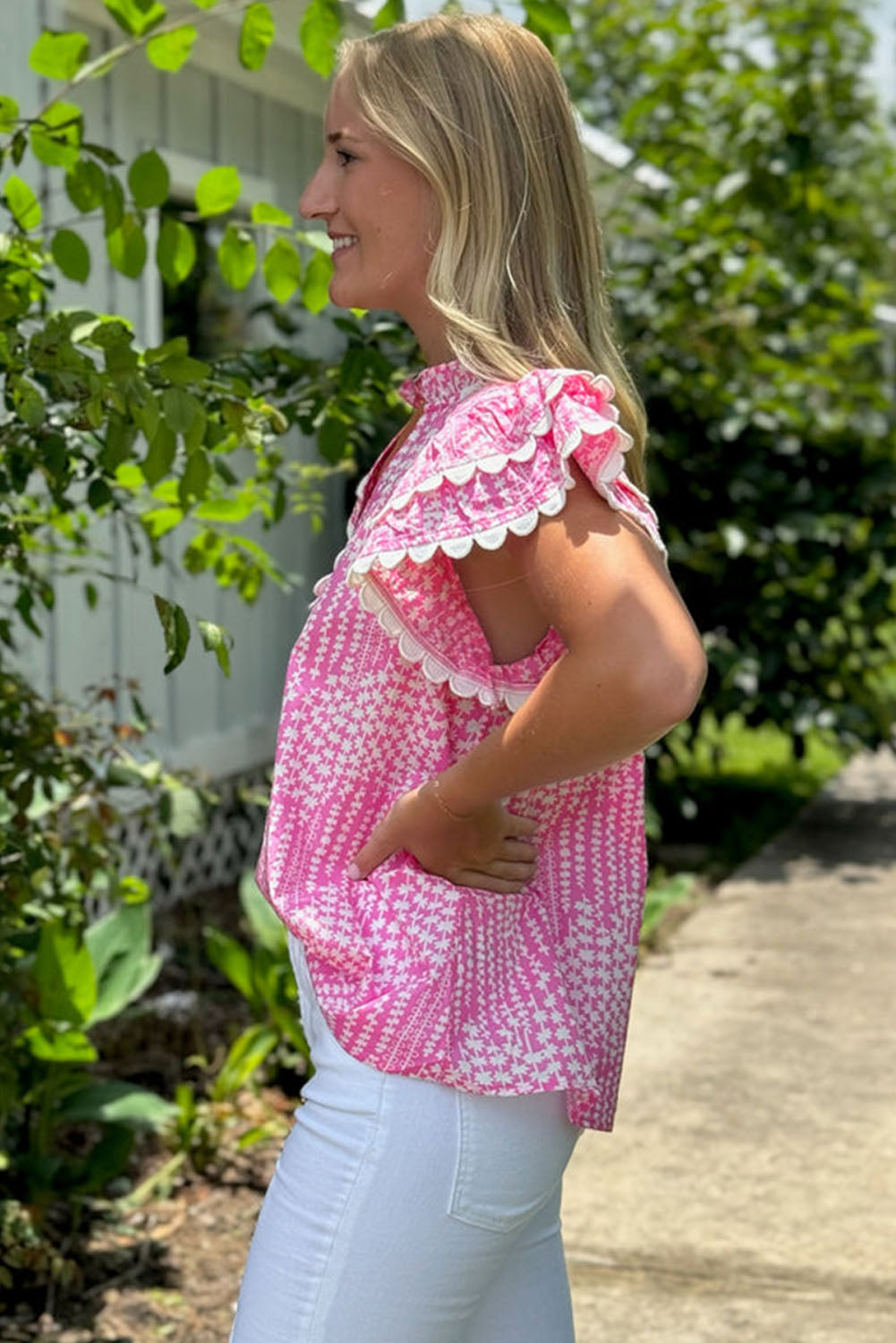 Pink Abstract Print Ric Rac Trim Flutter Sleeve Notch V Neck Blouse