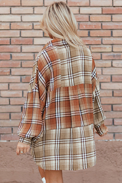 Khaki Plaid Colorblock Patchwork High Low Shacket