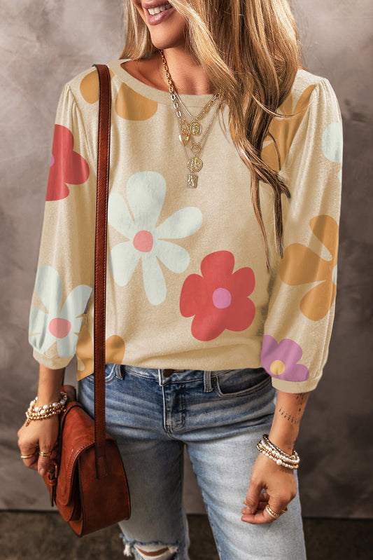 Apricot Cute Flower Print Bracelet Sleeve Top | Dia&Popo