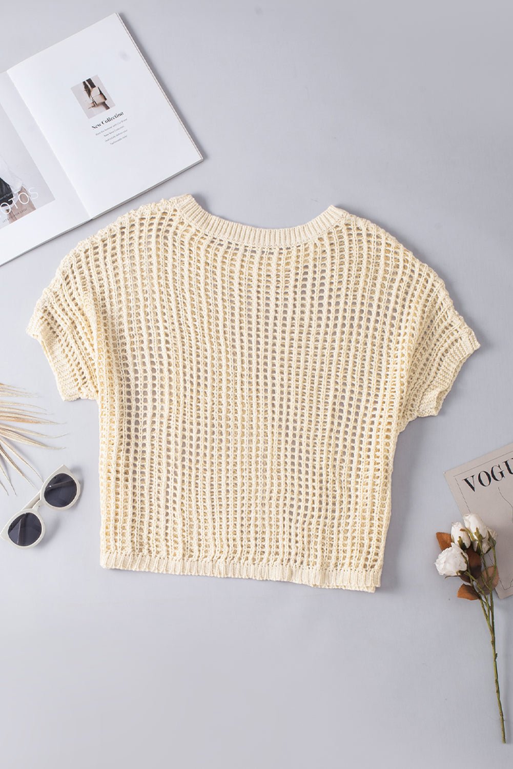 Apricot Fishnet Knit Ribbed Round Neck Short Sleeve Sweater Tee | Dia&Popo