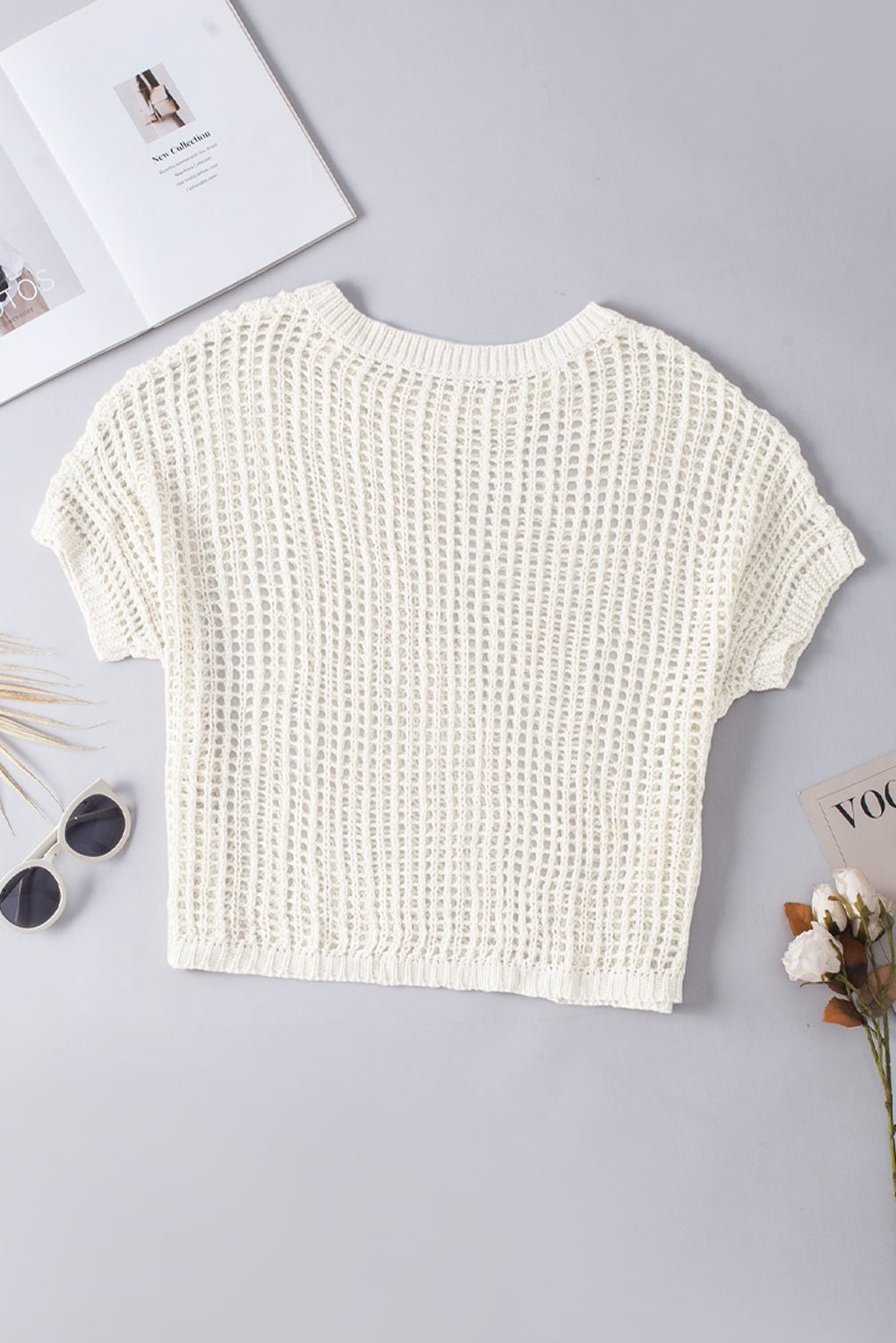 Apricot Fishnet Knit Ribbed Round Neck Short Sleeve Sweater Tee | Dia&Popo