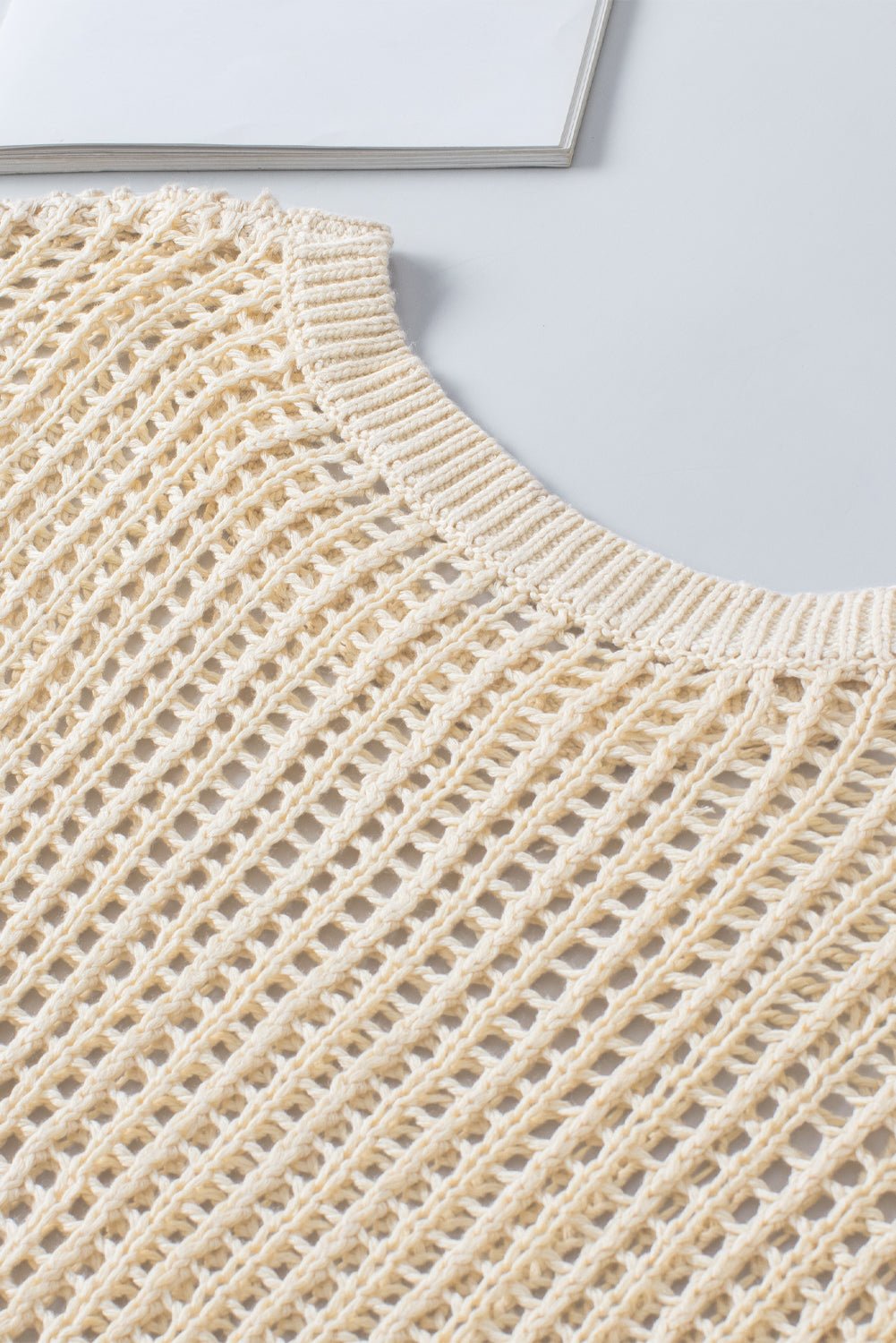 Apricot Fishnet Knit Ribbed Round Neck Short Sleeve Sweater Tee | Dia&Popo