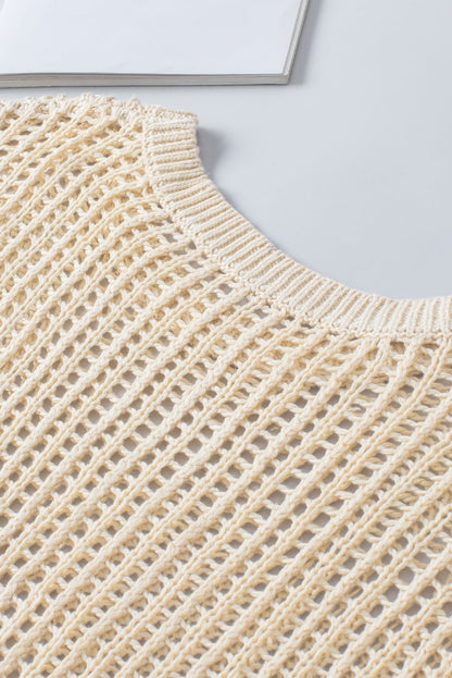 Apricot Fishnet Knit Ribbed Round Neck Short Sleeve Sweater Tee | Dia&Popo