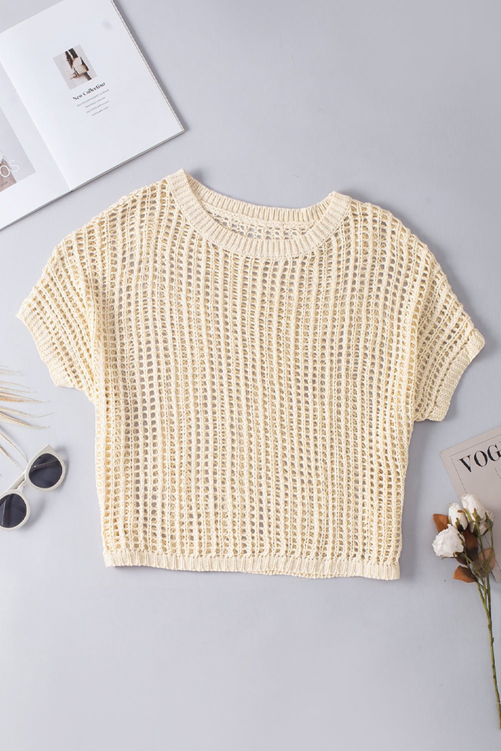 Apricot Fishnet Knit Ribbed Round Neck Short Sleeve Sweater Tee | Dia&Popo