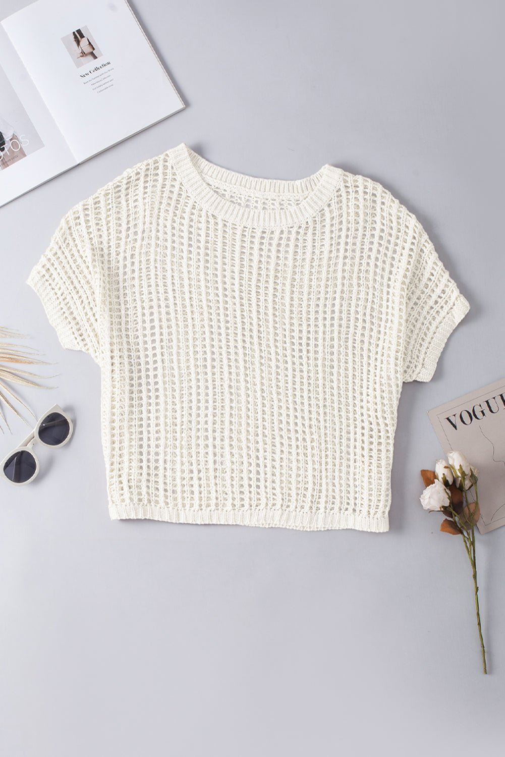 Apricot Fishnet Knit Ribbed Round Neck Short Sleeve Sweater Tee | Dia&Popo