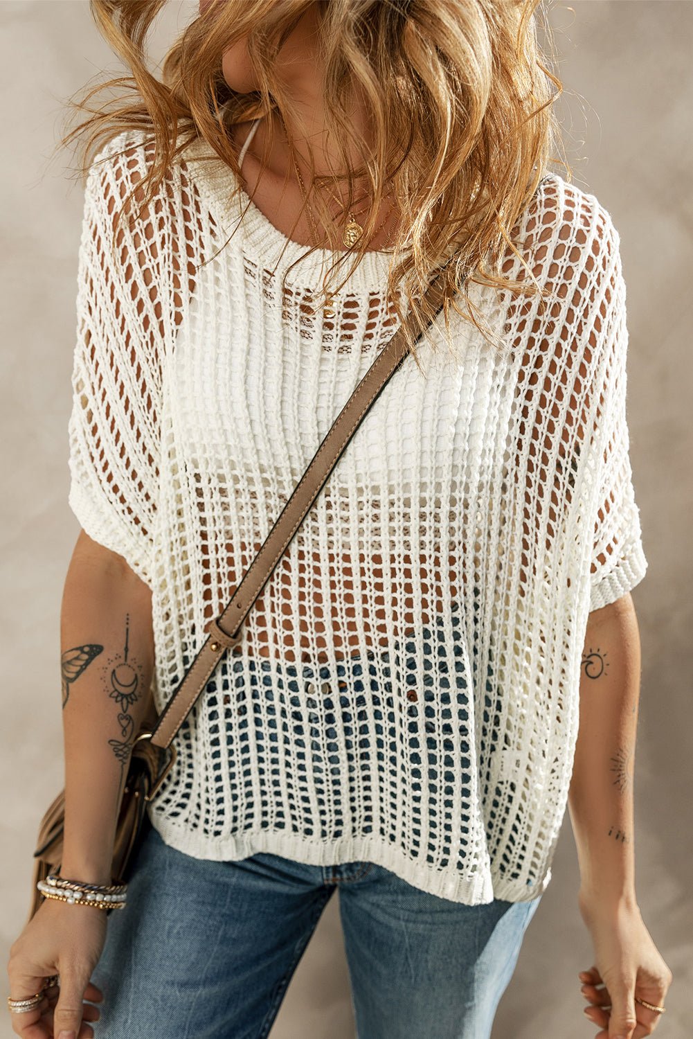 Apricot Fishnet Knit Ribbed Round Neck Short Sleeve Sweater Tee | Dia&Popo