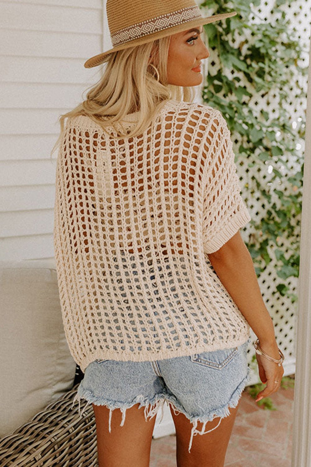 Apricot Fishnet Knit Ribbed Round Neck Short Sleeve Sweater Tee | Dia&Popo