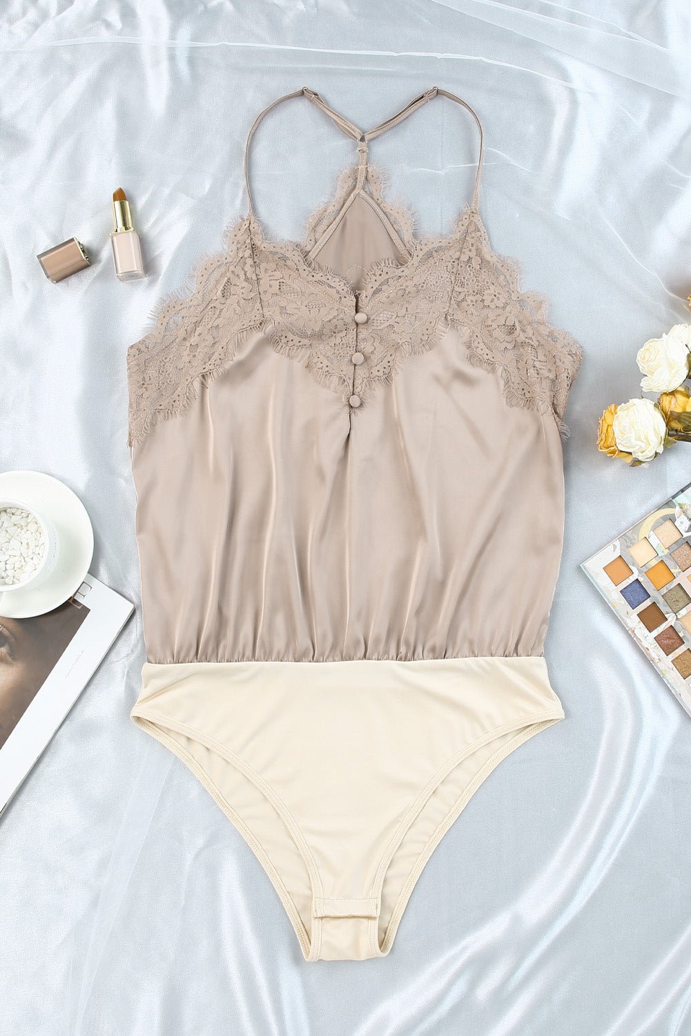 Apricot Lace Neckline Sleeveless Satin Bodysuit | Dia&Popo