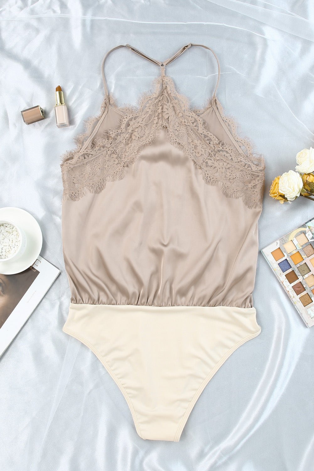 Apricot Lace Neckline Sleeveless Satin Bodysuit | Dia&Popo