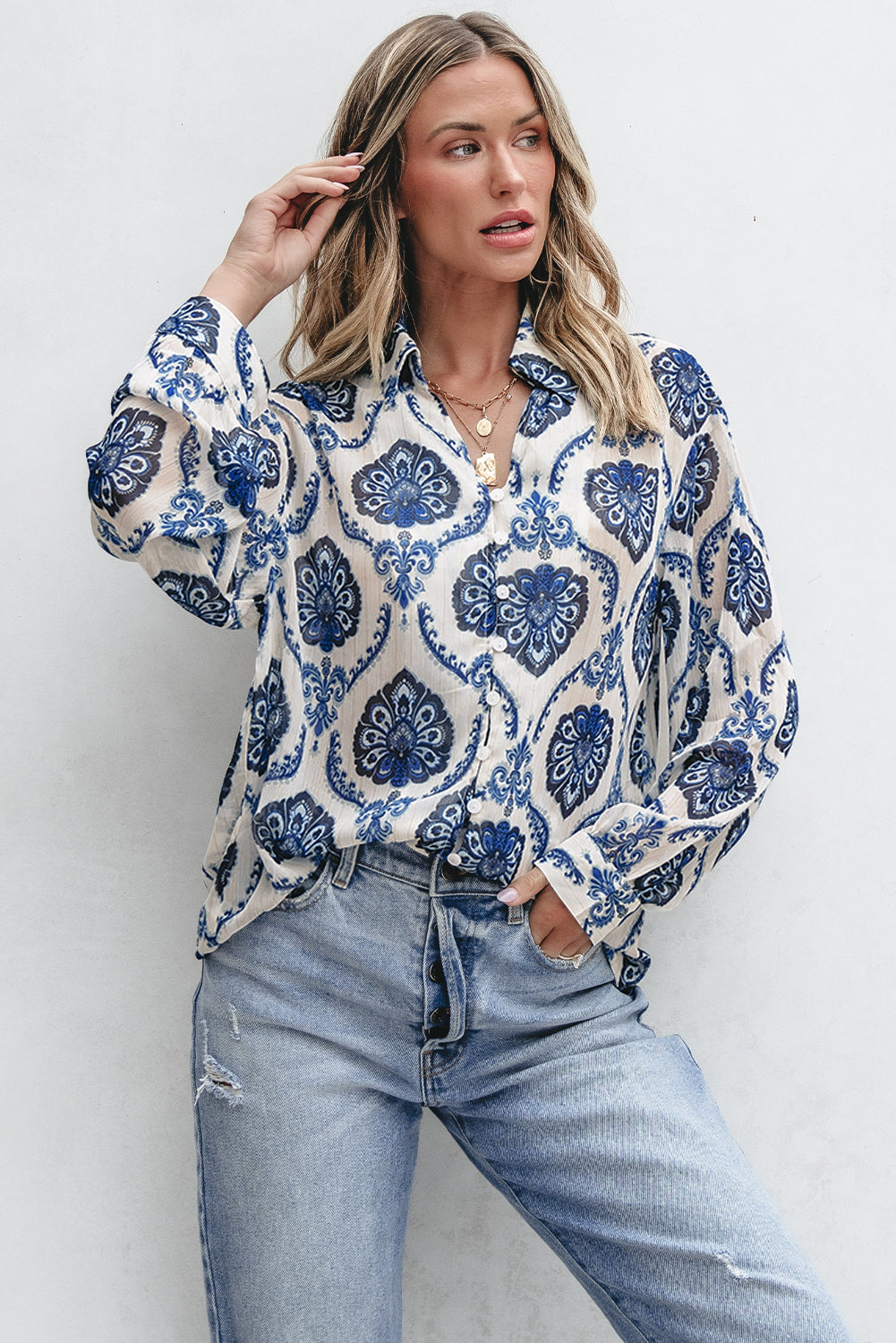 Blue Tribal Pattern Buttoned Front Loose Shirt