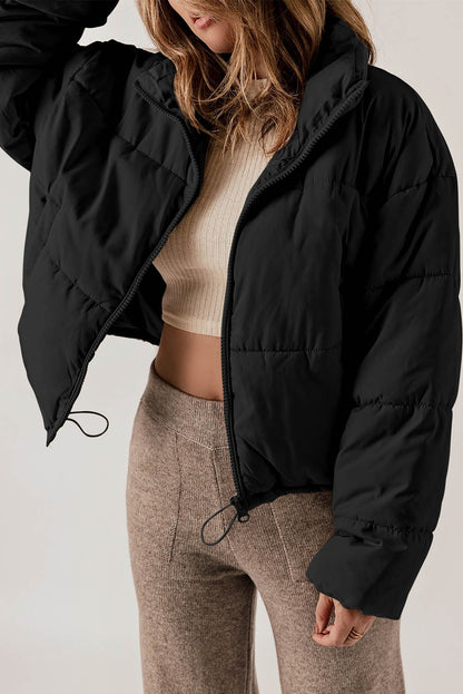 Black Zip Up Drawstring Hem Puffer Coat