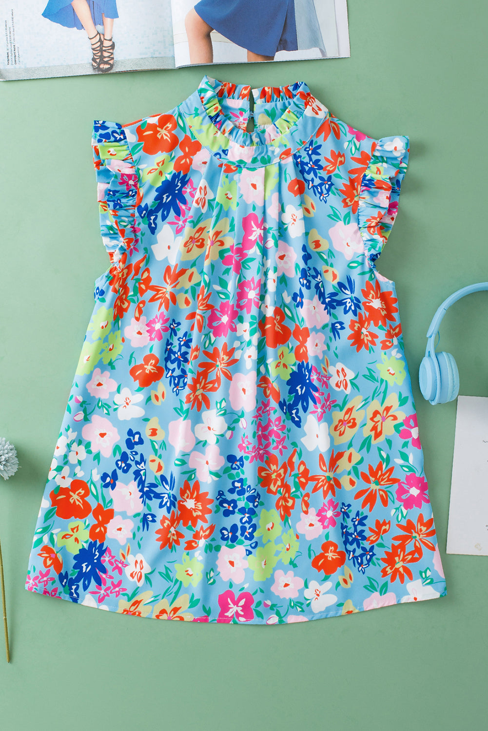 Sky Blue Frilled Collar Floral Vest