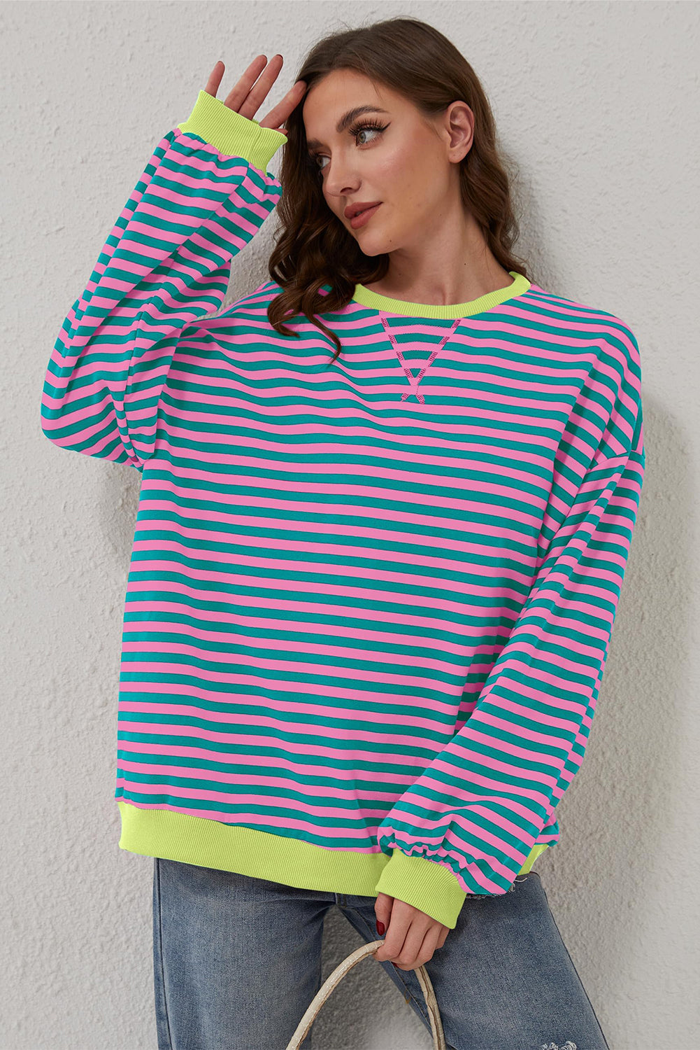 Green Stripe Oversized Contrast Trim Pullover Sweatshirt