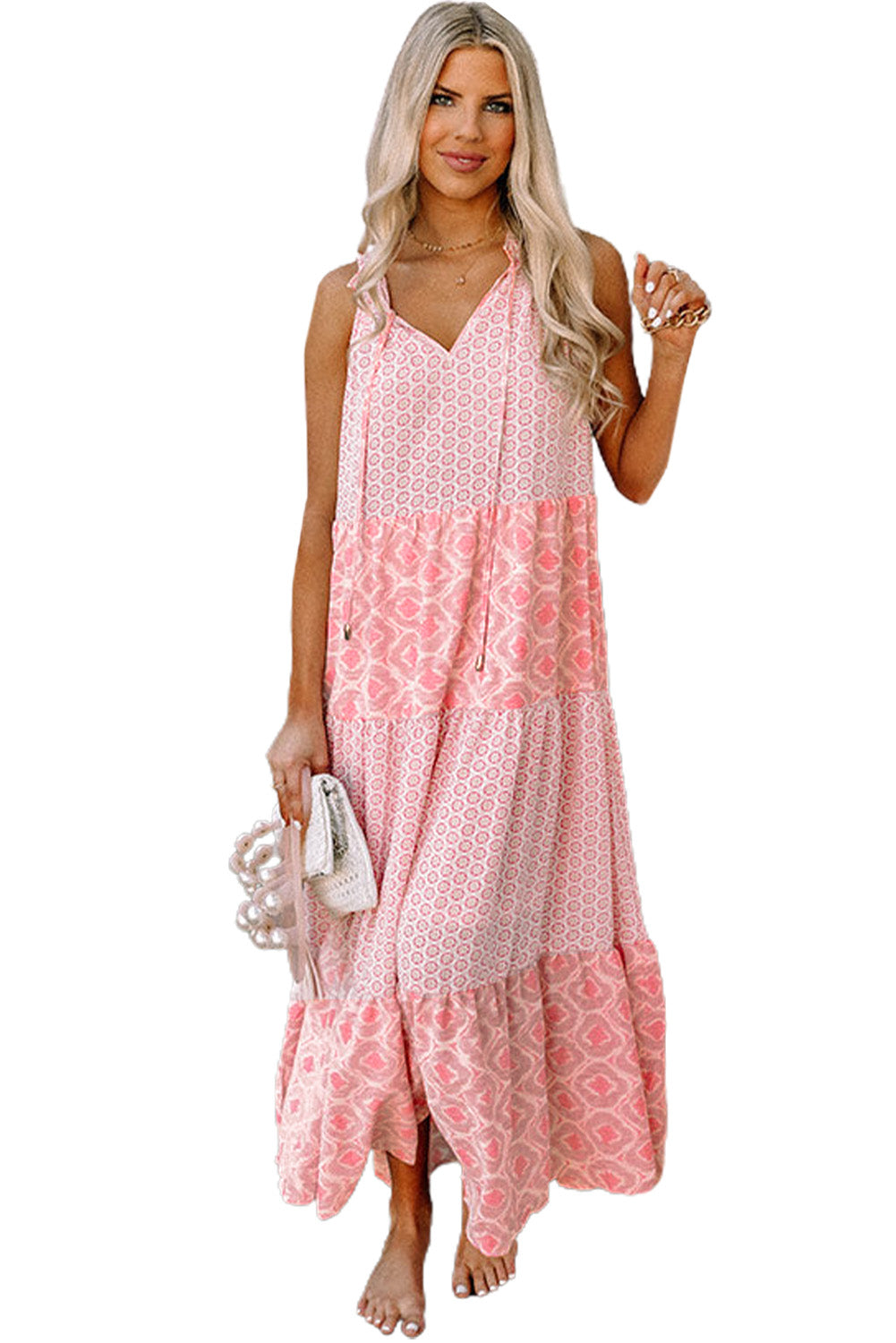 Pink Abstract Print Split Neck Sleeveless Maxi Dress