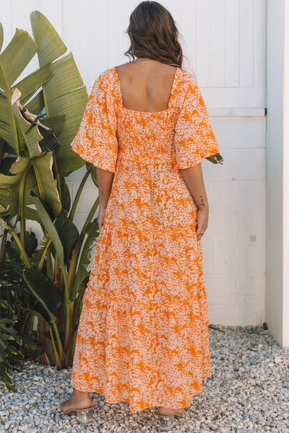 Orange Floral Print Smocked V Neck Wide Sleeve Maxi Dress