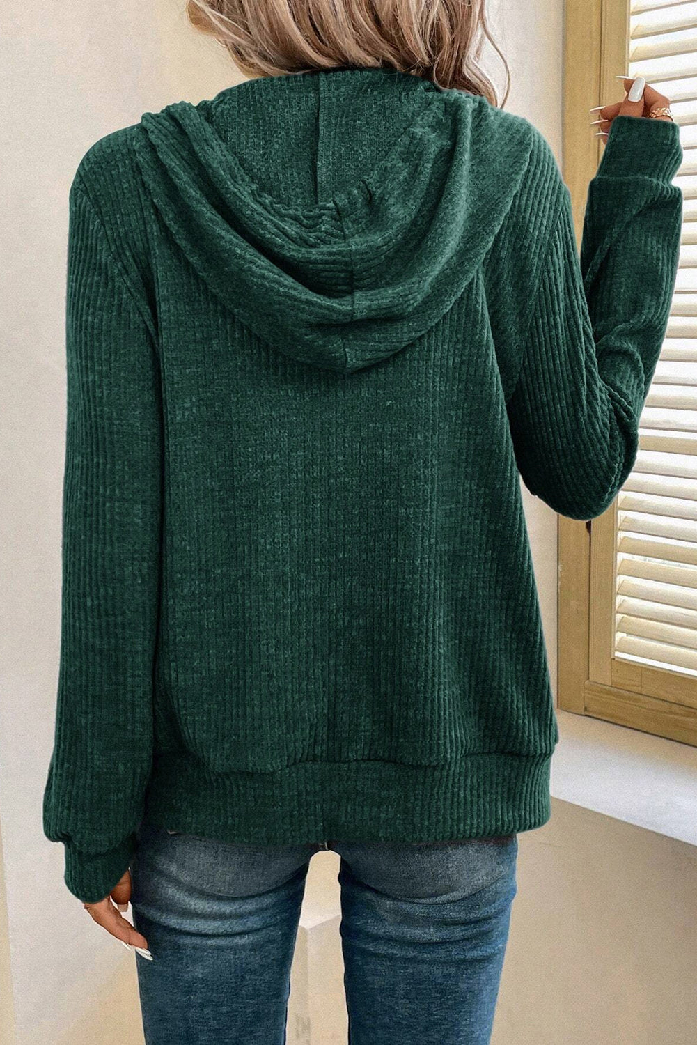 Evergreen Ribbed Zip Up Front Drawstring Hoodie