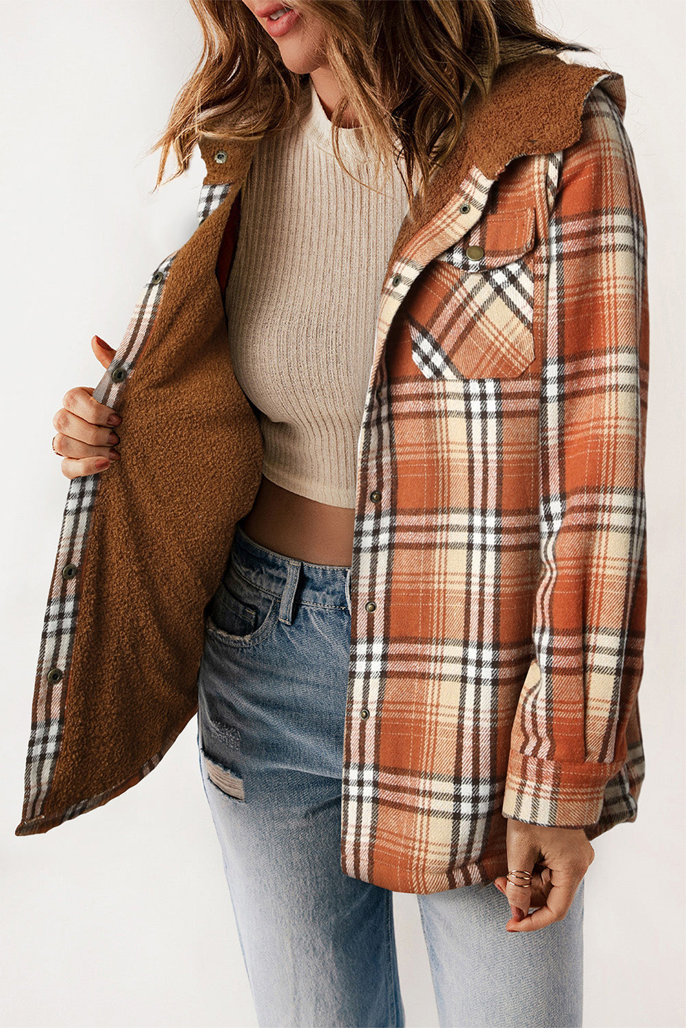 Khaki Plaid Pattern Sherpa Lined Hooded Shacket