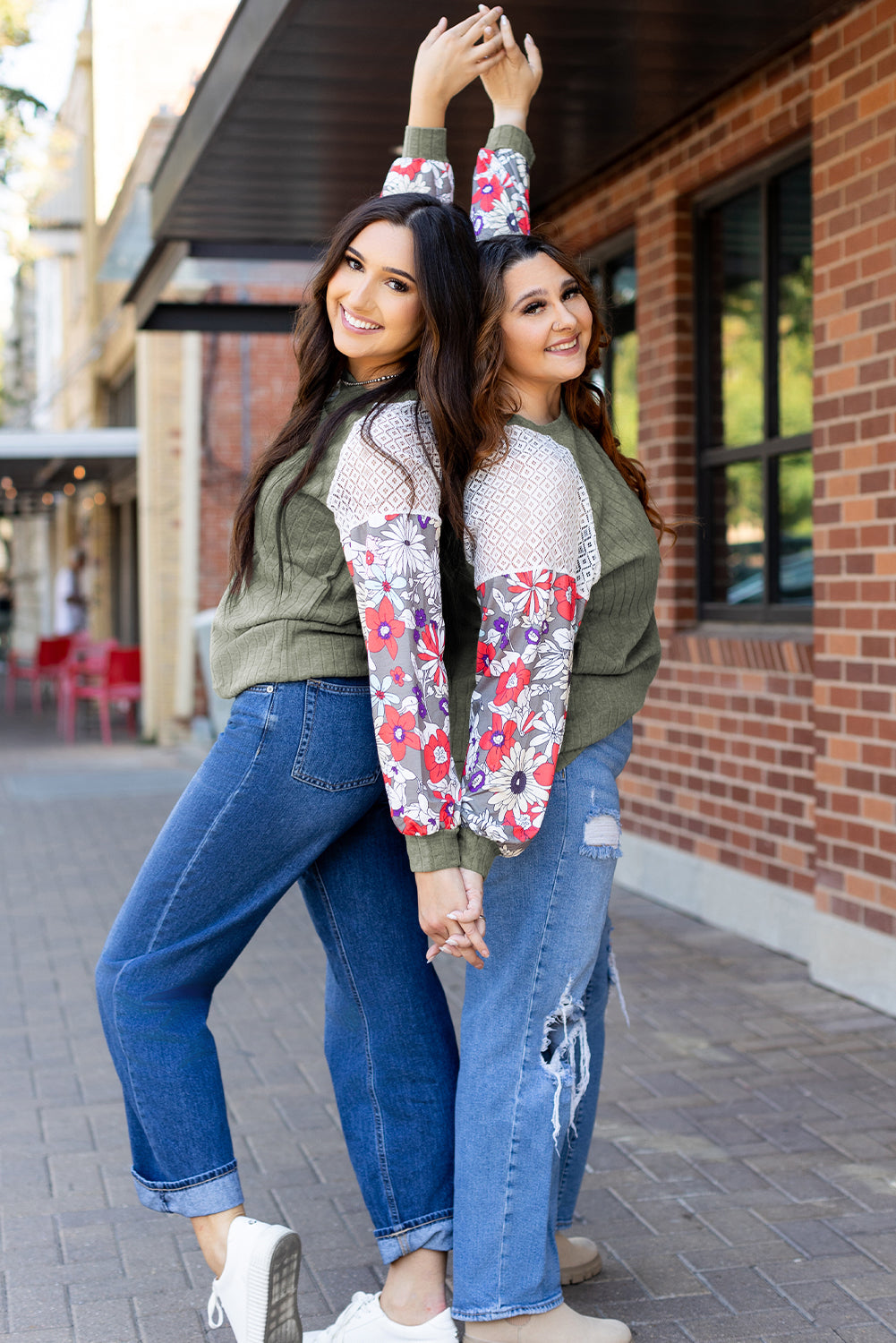 Laurel Green Floral Patchwork Long Sleeve Ribbed Blouse