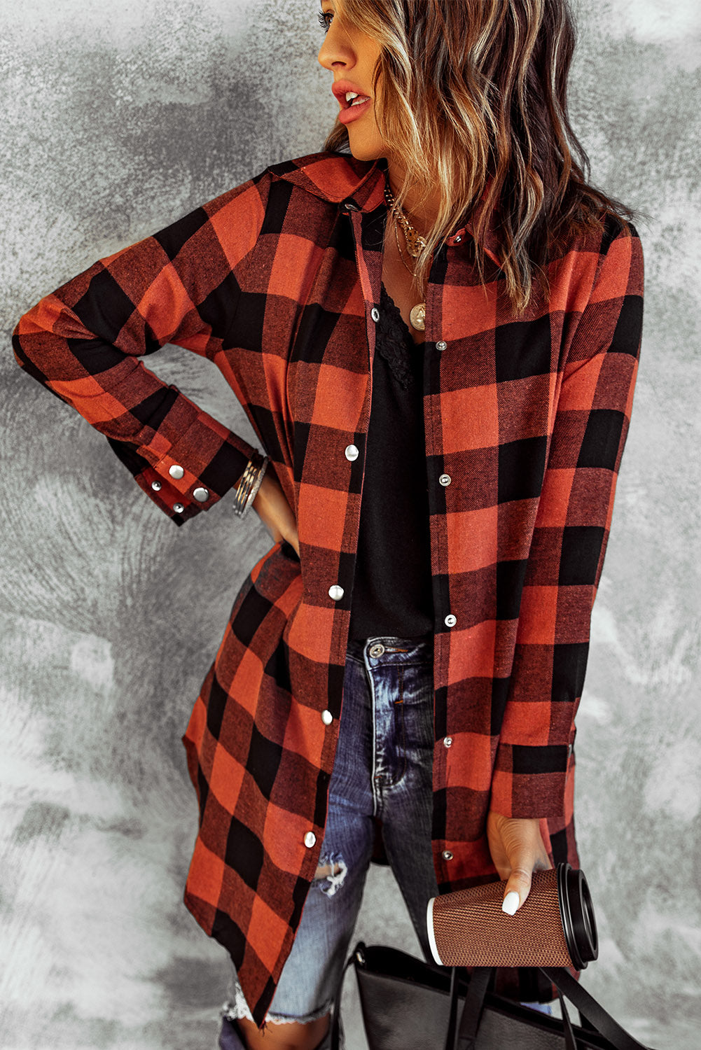 Brown Turn-down Collar Plaid Shirt Coat