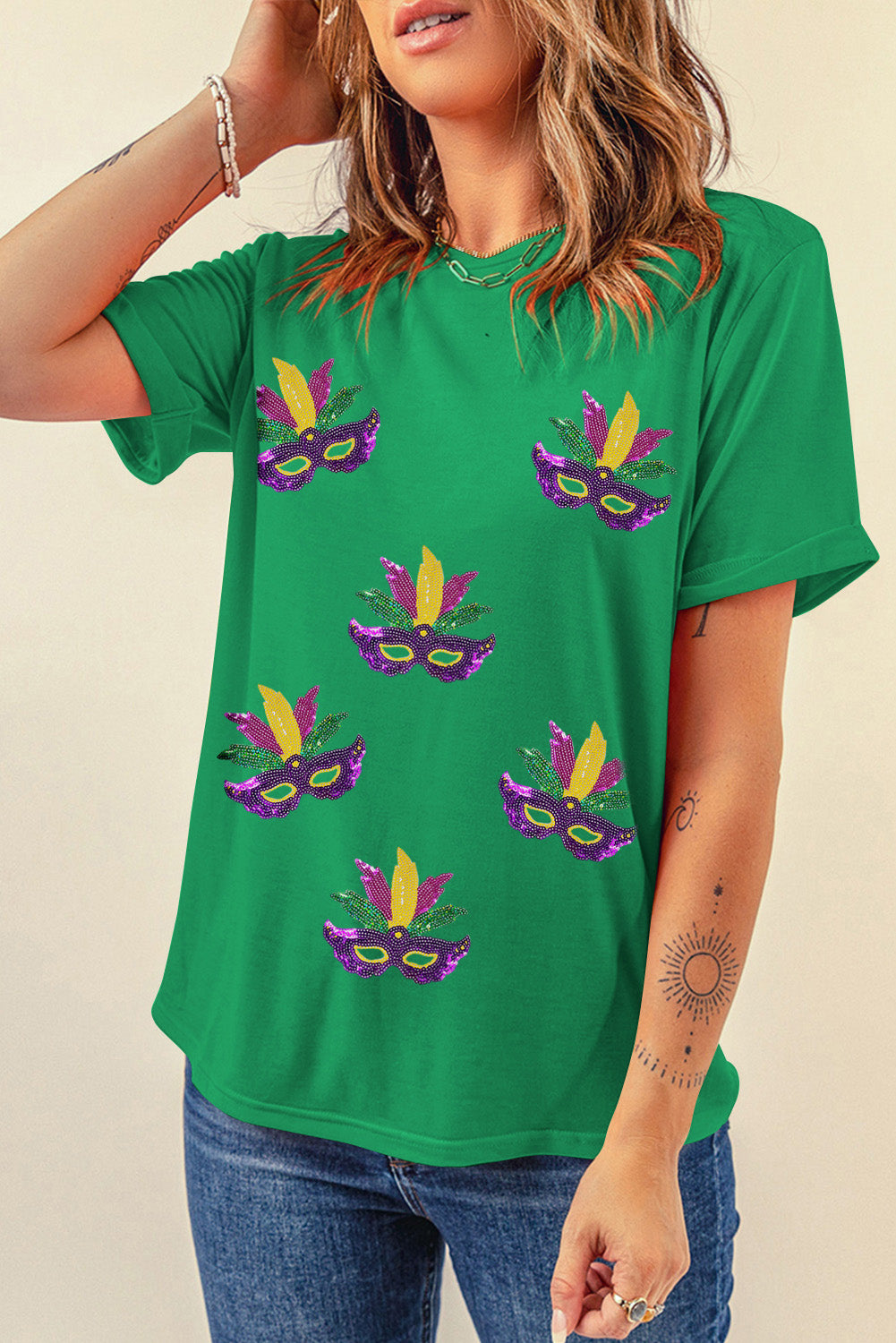 Bright Green Sequin Mardi Gras Mask Patched Pattern Crewneck Tee