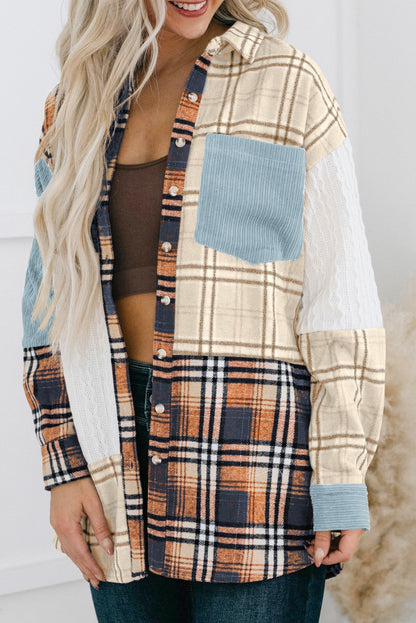 Orange Plaid Color Block Patchwork Shirt Jacket with Pocket