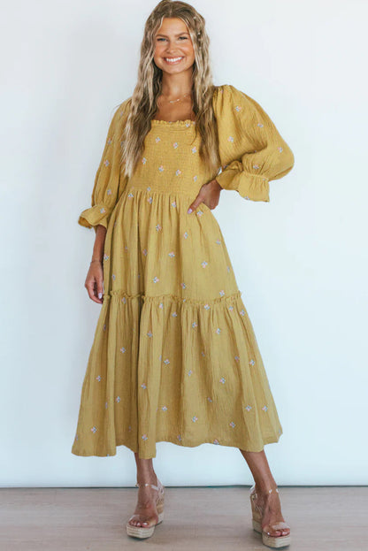 Yellow Printed Boho Ruffled Bracelet Sleeve Smocked Textured Midi Dress