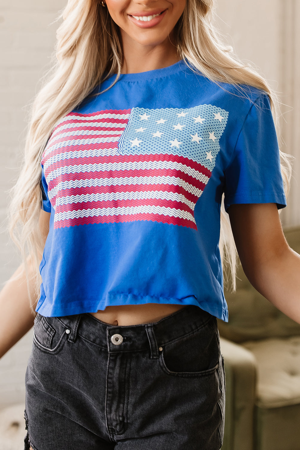 Real Teal American Flag Pattern Crewneck Tee