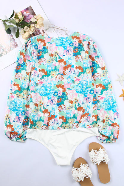 Sky Blue Floral Print Wrap Long Sleeve Bodysuit